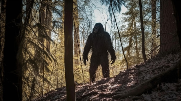 Un concetto oscuro e spaventoso Di una misteriosa figura di bigfoot che cammina attraverso una foresta generativa ai