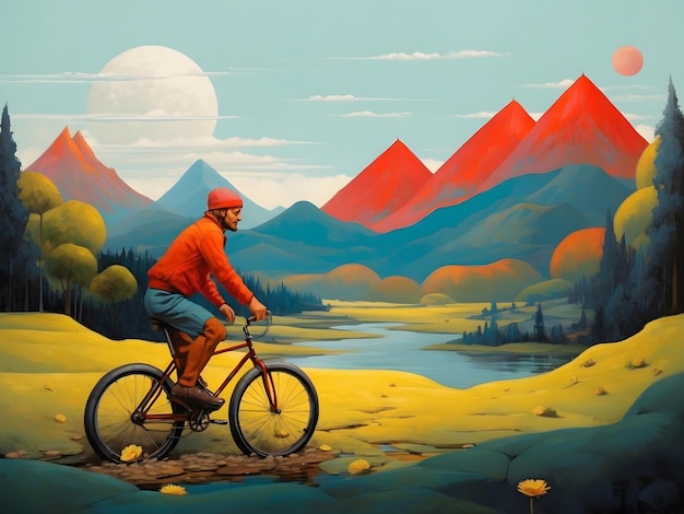 Un concetto piatto con persone che vanno in bicicletta con la montagna