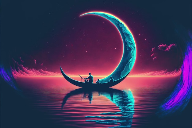 Un concetto surreale di un uomo che rema su una barca in un mare incandescente che guarda la falce di luna che si scioglie Concetto di fantasia Illustrazione pittura Generativa AI