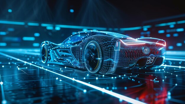 Un concetto tecnologico futuristico di auto sportive illustrato in 3D con intersezioni di wireframe