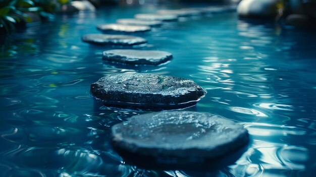 Un concetto zen delle pietre di gradino nell'acqua blu