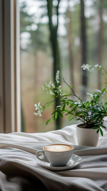 Un confortevole caffè mattutino con vista sulla tranquilla foresta