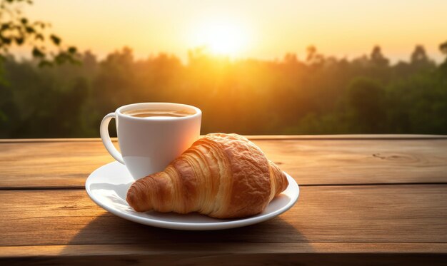 Un confortevole caffè mattutino croissant e legno in perfetta armonia