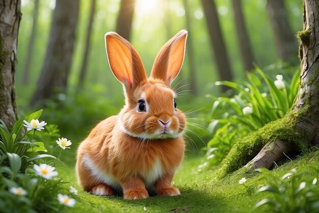 Un coniglietto arancione selvatico con grandi orecchie in una foresta verde fresca coniglio bambino primavera o coniglio di Pasqua