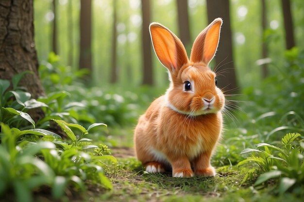 Un coniglietto arancione selvatico con grandi orecchie in una foresta verde fresca coniglio bambino primavera o coniglio di Pasqua