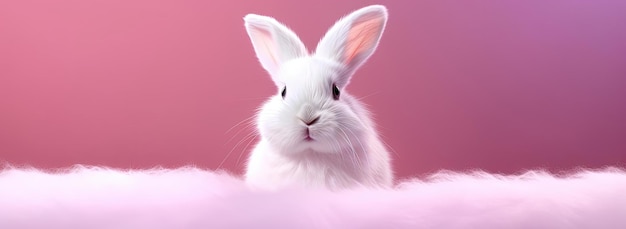 un coniglietto bianco con le orecchie in piedi contro uno sfondo rosa