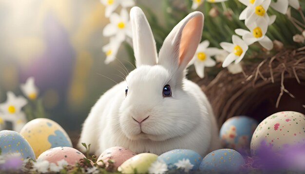 Un coniglietto bianco siede in un cesto circondato da uova di pasqua.