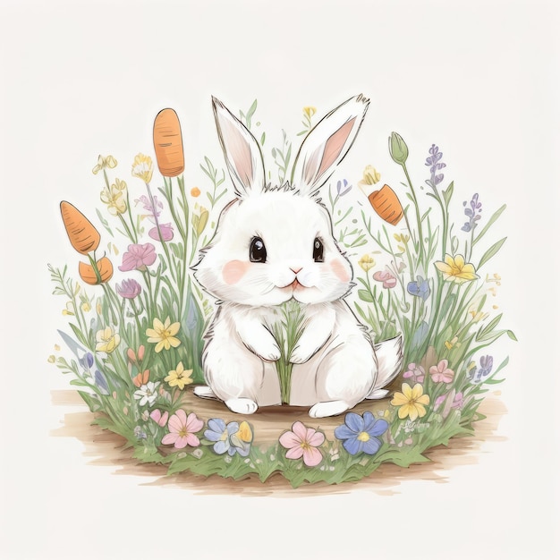 Un coniglietto bianco soffice seduto in un campo di fiori colorati