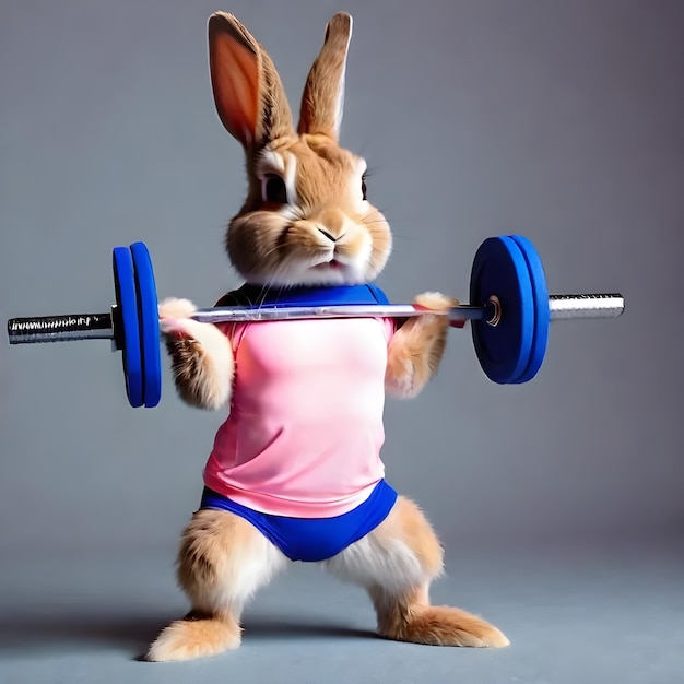 Un coniglietto caldo e carino che indossa abiti da ginnastica che si allena in palestra.