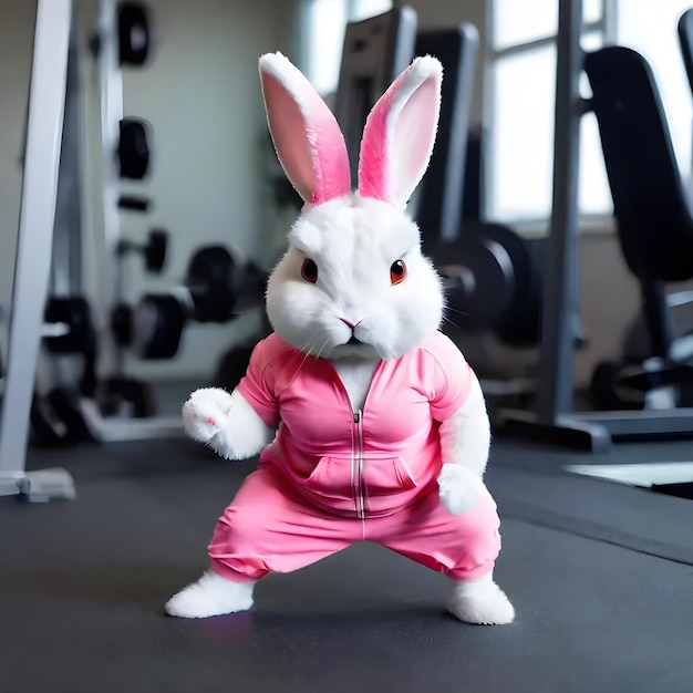 Un coniglietto caldo e carino che indossa abiti da ginnastica che si allena in palestra.