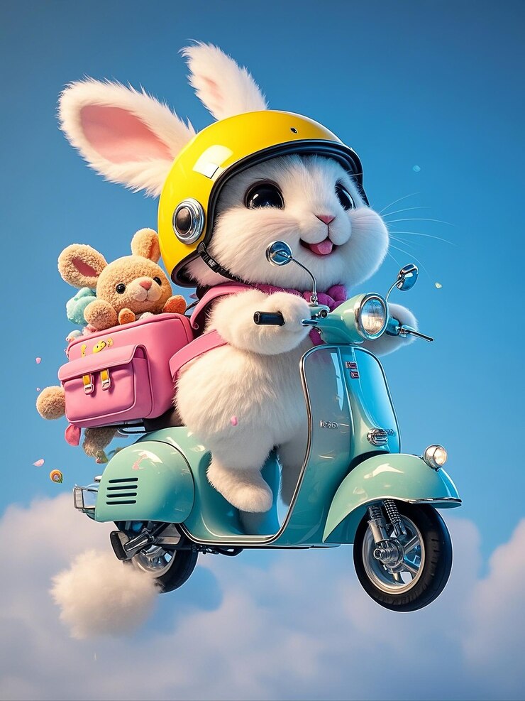 Un coniglietto carino che guida uno scooter