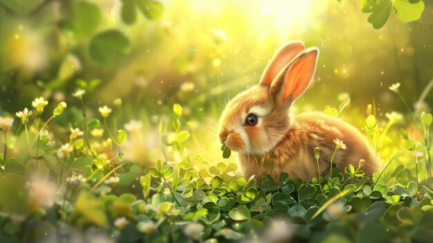 Un coniglietto carino che rosicchia il trifoglio fresco in mezzo a un prato soleggiato che mostra lo stile di vita pacifico e idilliaco dei conigli in natura