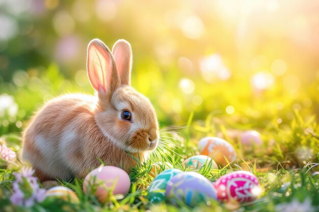 Un coniglietto carino con le uova di Pasqua in un giardino soleggiato.