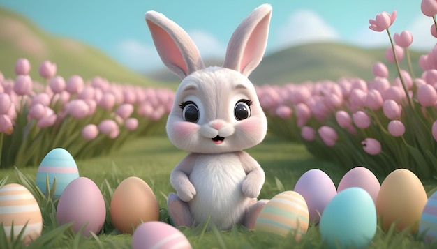 Un coniglietto carino in un campo primaverile con uova di Pasqua