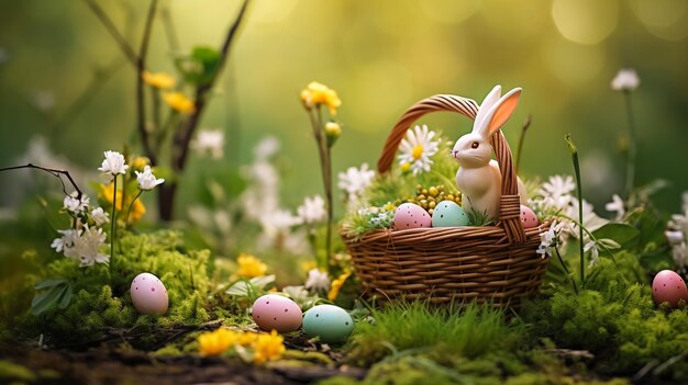 Un coniglietto carino nel cesto e uova di Pasqua nel prato.
