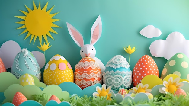 Un coniglietto circondato da uova di Pasqua in una dolce illustrazione