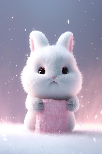 Un coniglietto con marshmallow rosa in bocca