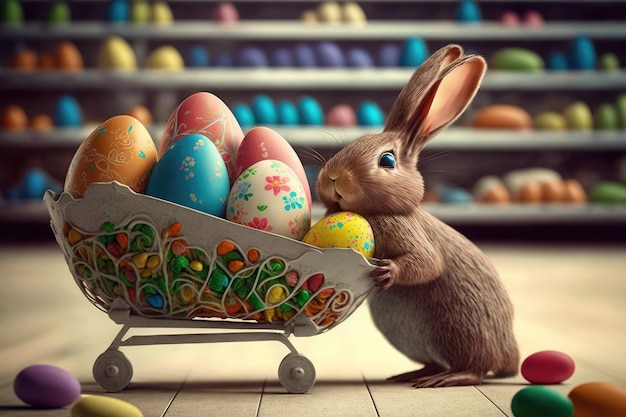 Un coniglietto con un cesto di uova di Pasqua