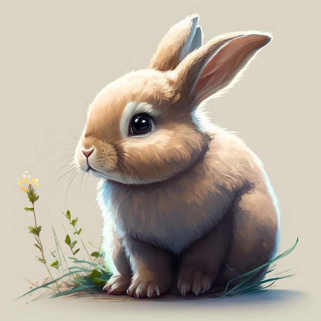 Un coniglietto con un fiore giallo in bocca siede nell'erba.