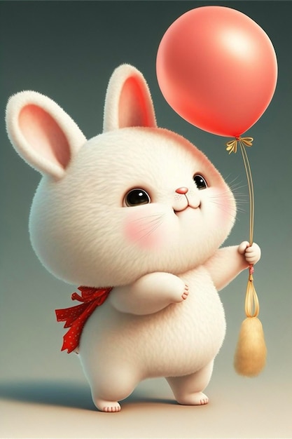 Un coniglietto con un palloncino rosso e un cuore rosso.
