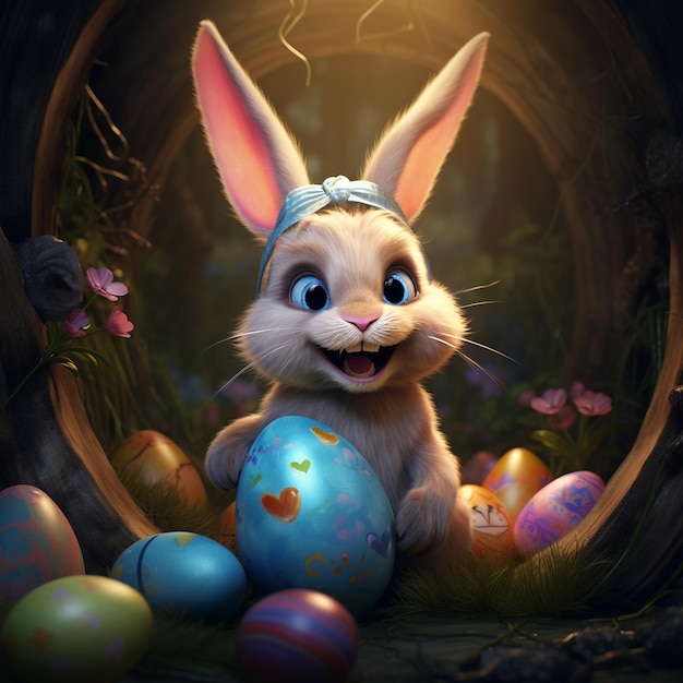 un coniglietto con una testa di coniglio e delle uova in un nido