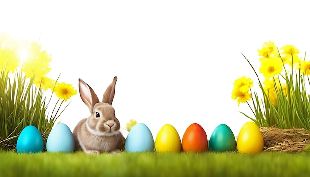 un coniglietto di Pasqua carino seduto con uova di Pasqua colorate sulla strada della natura sullo sfondo bianco con spazio di copia vuoto per i banner di carte di testo