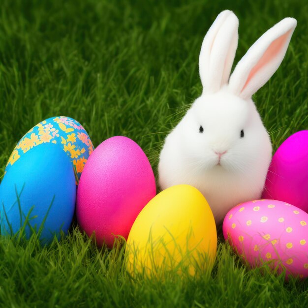 Un coniglietto e alcune uova di pasqua sono sull'erba