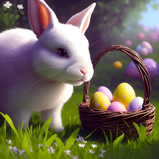 Un coniglietto è in piedi nell'erba con un cesto pieno di uova di Pasqua.