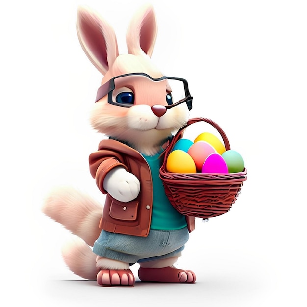 Un coniglietto è seduto in un cestino con le uova di Pasqua.