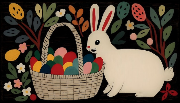 Un coniglietto e un cesto di uova di Pasqua