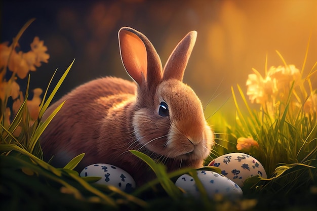 Un coniglietto e uova in un campo
