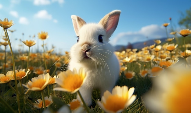 un coniglietto in un campo di fiori con uno sfondo celeste