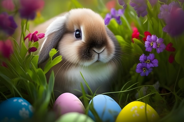 Un coniglietto in un campo di uova di Pasqua