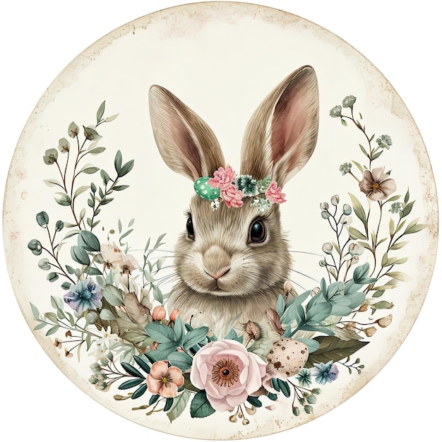 un coniglietto pasquale con in mano una corona di uova di Pasqua in tenui tonalità pastello