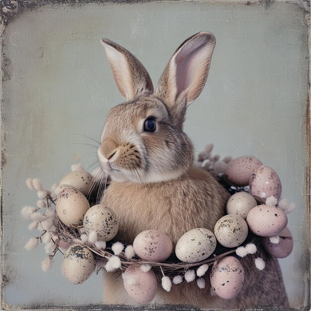 un coniglietto pasquale con in mano una corona di uova di Pasqua in tenui tonalità pastello