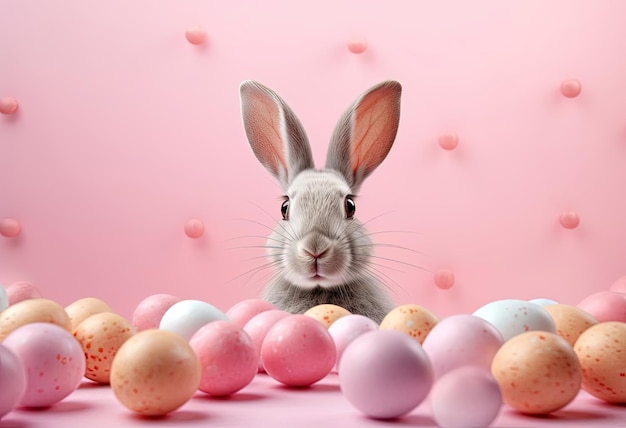 un coniglietto pasquale è seduto accanto alle uova su un tavolo rosa nello stile del ritocco minimo