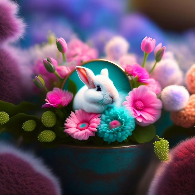 Un coniglietto pasquale e un cesto di uova di Pasqua in natura fioriscono xA