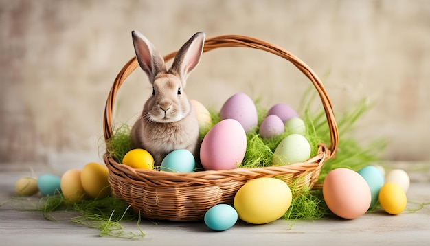 un coniglietto si siede in un cesto con delle uova dentro