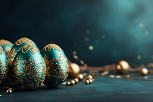 Un coniglietto si siede tra le uova di Pasqua con uno sfondo verde