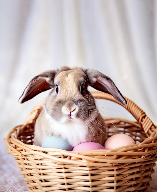 Un coniglietto siede in un cestino con le uova di Pasqua.