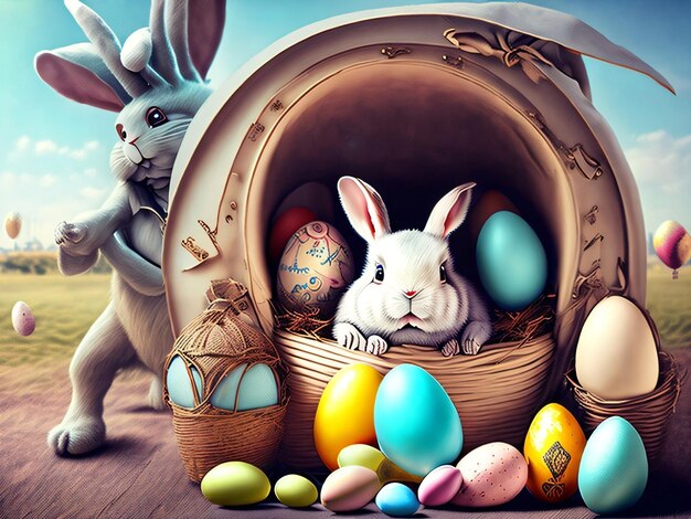 Un coniglietto siede in un cestino con le uova di Pasqua.