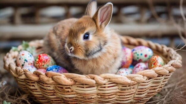 Un coniglietto siede in un cestino con le uova di Pasqua