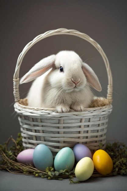 Un coniglietto siede in un cestino con le uova di Pasqua.