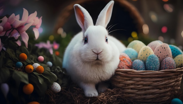 Un coniglietto siede in un cesto accanto a un cesto di uova di Pasqua.