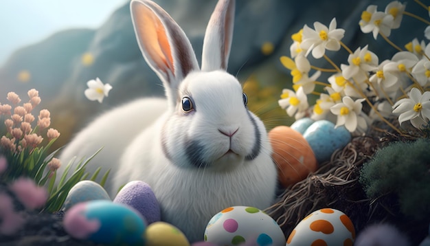 Un coniglietto siede in un nido con le uova di Pasqua.