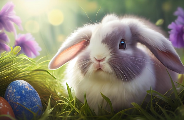 Un coniglietto siede nell'erba accanto a un uovo di pasqua blu.