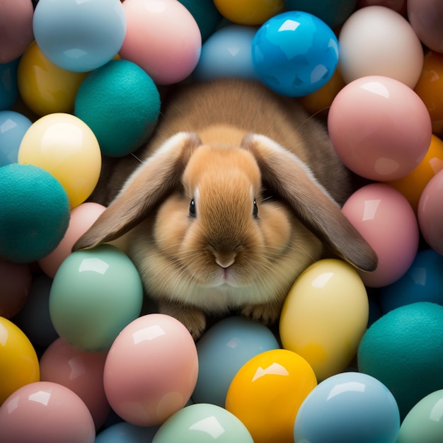 Un coniglietto siede tra le uova colorate con sopra la parola pasqua.