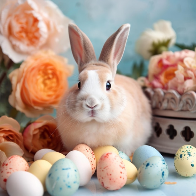 Un coniglietto siede tra le uova di Pasqua e un mazzo di rose.