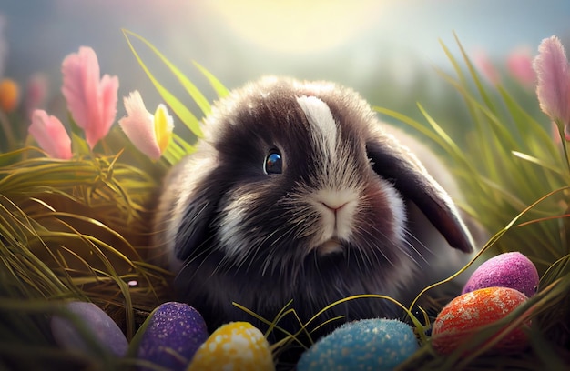 Un coniglietto siede tra le uova di Pasqua in un campo