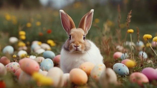 Un coniglietto siede tra le uova di Pasqua in un campo